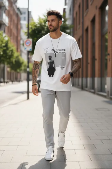 Tricou barbati alb, cu imprimeu, slim Y205 22A-5.1